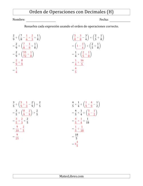 La hoja de ejercicios de Orden de Operaciones con Fracciones Positivas sin Exponentes (Cuatro Pasos) (H) Página 2