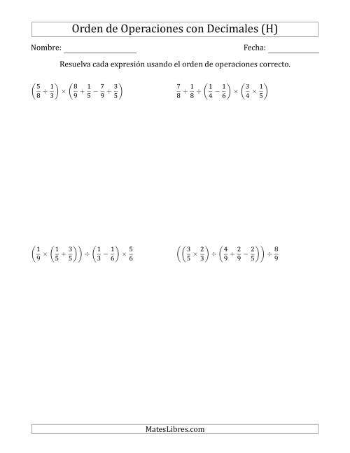 La hoja de ejercicios de Orden de Operaciones con Fracciones Positivas sin Exponentes (Cinco Pasos) (H)