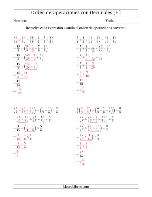 La hoja de ejercicios de Orden de Operaciones con Fracciones Positivas sin Exponentes (Cinco Pasos) (H) Página 2