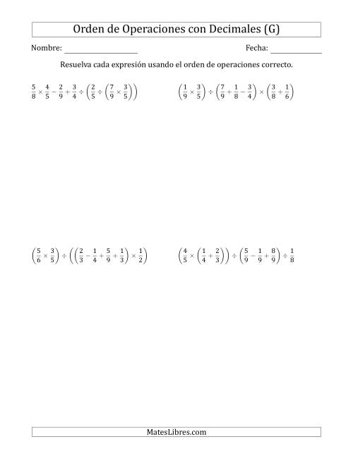 La hoja de ejercicios de Orden de Operaciones con Fracciones Positivas sin Exponentes (Seis Pasos) (G)
