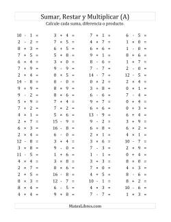 100 Preguntas Horizontales de Suma, Resta y Multiplicación (de 0 a 9)