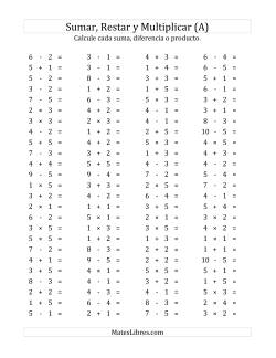 100 Preguntas Horizontales de Suma, Resta y Multiplicación (de 1 a 5)