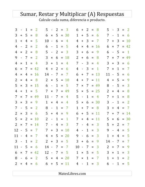 La hoja de ejercicios de 100 Preguntas Horizontales de Suma, Resta y Multiplicación (de 1 a 7) (A) Página 2