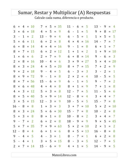 100 Preguntas Horizontales De Suma Resta Y Multiplicación