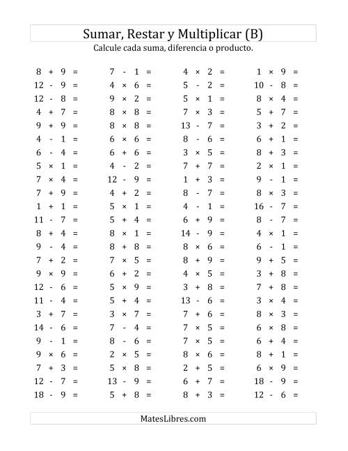La hoja de ejercicios de 100 Preguntas Horizontales de Suma, Resta y Multiplicación (de 1 a 9) (B)
