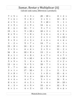 100 Preguntas Horizontales de Suma, Resta y Multiplicación (de 1 a 10)