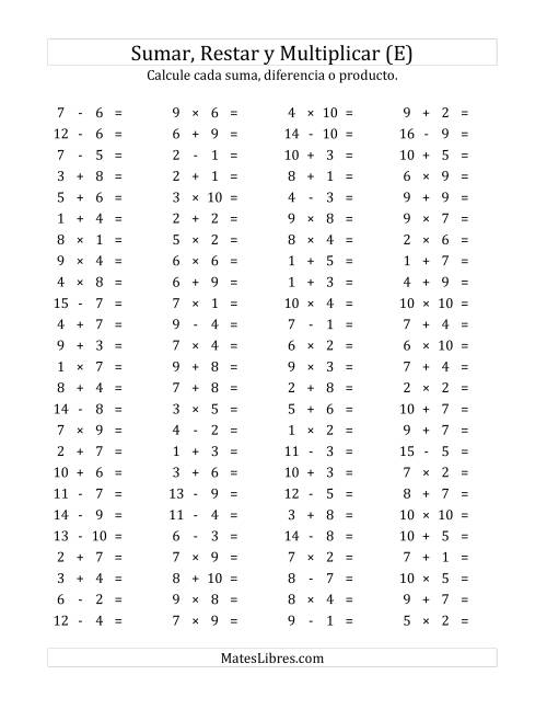 La hoja de ejercicios de 100 Preguntas Horizontales de Suma, Resta y Multiplicación (de 1 a 10) (E)