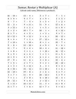 100 Preguntas Horizontales de Suma, Resta y Multiplicación (de 1 a 12)