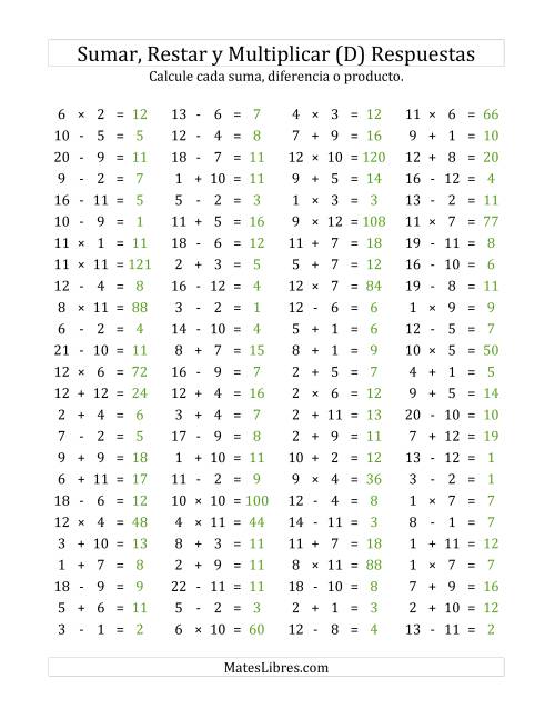 La hoja de ejercicios de 100 Preguntas Horizontales de Suma, Resta y Multiplicación (de 1 a 12) (D) Página 2
