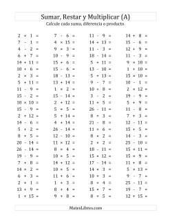 100 Preguntas Horizontales de Suma, Resta y Multiplicación (de 1 a 15)