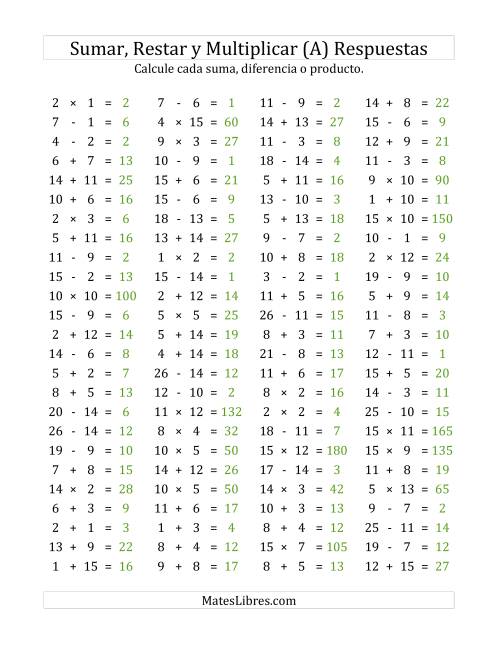 La hoja de ejercicios de 100 Preguntas Horizontales de Suma, Resta y Multiplicación (de 1 a 15) (A) Página 2