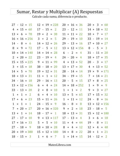 La hoja de ejercicios de 100 Preguntas Horizontales de Suma, Resta y Multiplicación (de 1 a 20) (A) Página 2