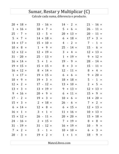 La hoja de ejercicios de 100 Preguntas Horizontales de Suma, Resta y Multiplicación (de 1 a 20) (C)
