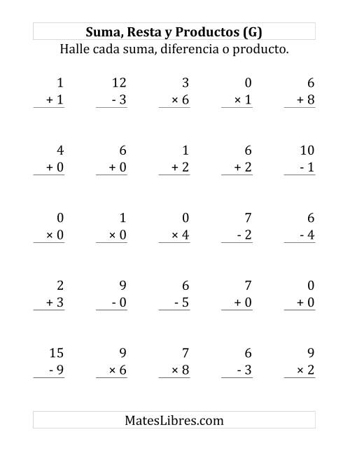 La hoja de ejercicios de 25 Ejercicios de Suma, Resta y Multiplicación (de 0 a 9) (G)