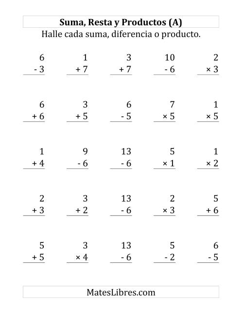 La hoja de ejercicios de 25 Ejercicios de Suma, Resta y Multiplicación (de 1 a 7) (A)
