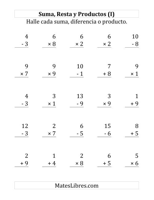 La hoja de ejercicios de 25 Ejercicios de Suma, Resta y Multiplicación (de 1 a 9) (I)