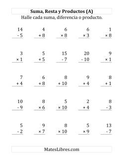 25 Ejercicios de Suma, Resta y Multiplicación (de 1 a 10)