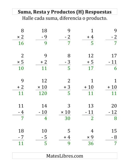 La hoja de ejercicios de 25 Ejercicios de Suma, Resta y Multiplicación (de 1 a 12) (H) Página 2