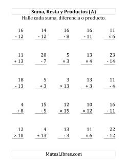 25 Ejercicios de Suma, Resta y Multiplicación (de 1 a 15)