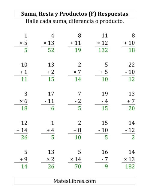 La hoja de ejercicios de 25 Ejercicios de Suma, Resta y Multiplicación (de 1 a 15) (F) Página 2