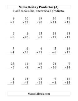 25 Ejercicios de Suma, Resta y Multiplicación (de 1 a 20)
