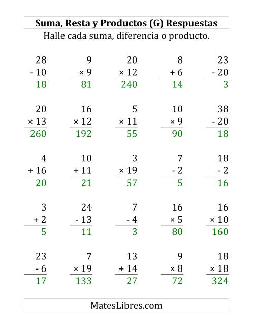 La hoja de ejercicios de 25 Ejercicios de Suma, Resta y Multiplicación (de 1 a 20) (G) Página 2