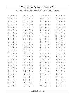 100 Preguntas Horizontales de Suma, Resta, Multiplicación y División (de 0 a 9)
