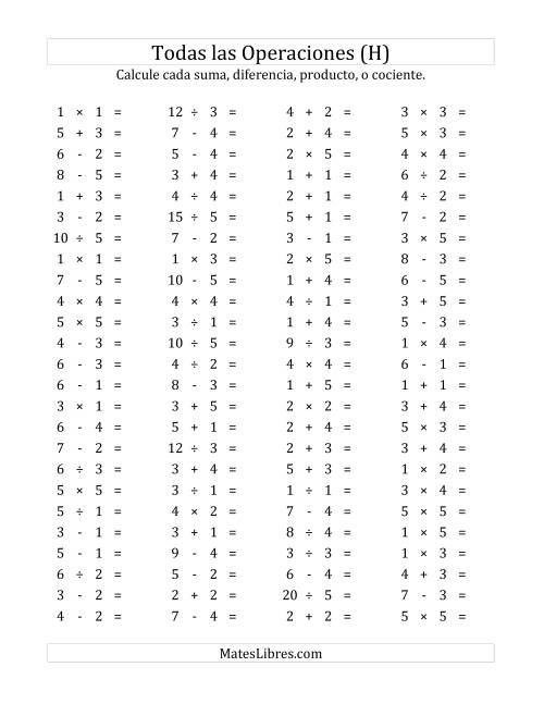 La hoja de ejercicios de 100 Preguntas Horizontales de Suma, Resta, Multiplicación y División (de 1 a 5) (H)