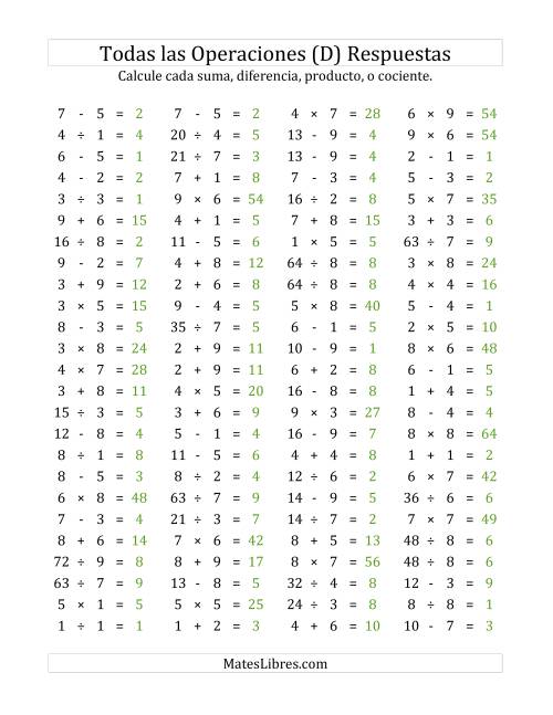 La hoja de ejercicios de 100 Preguntas Horizontales de Suma, Resta, Multiplicación y División (de 1 a 9) (D) Página 2