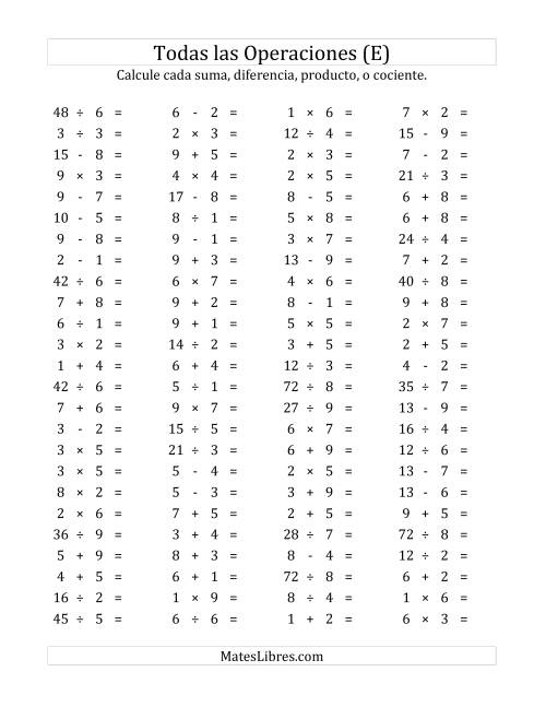 La hoja de ejercicios de 100 Preguntas Horizontales de Suma, Resta, Multiplicación y División (de 1 a 9) (E)