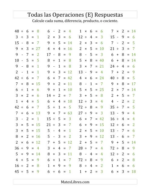 La hoja de ejercicios de 100 Preguntas Horizontales de Suma, Resta, Multiplicación y División (de 1 a 9) (E) Página 2
