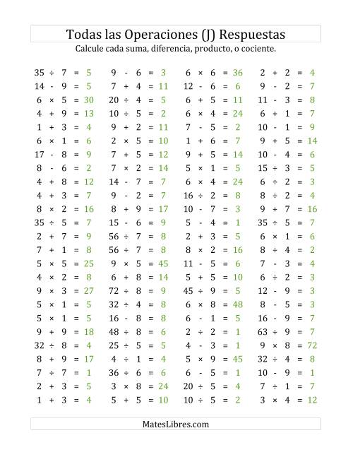 La hoja de ejercicios de 100 Preguntas Horizontales de Suma, Resta, Multiplicación y División (de 1 a 9) (J) Página 2
