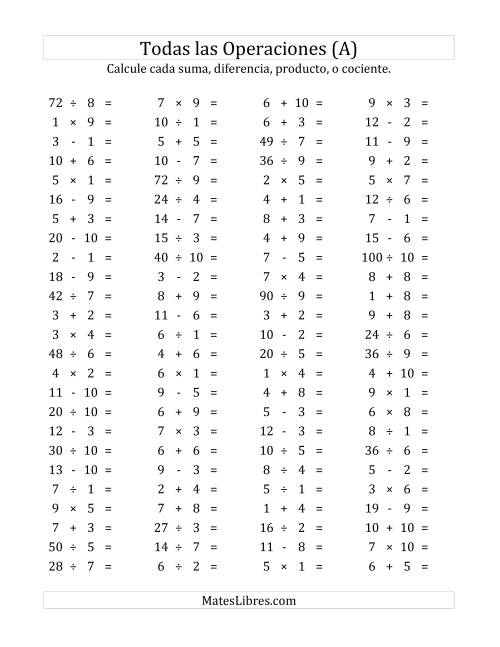 La hoja de ejercicios de 100 Preguntas Horizontales de Suma, Resta, Multiplicación y División (de 1 a 10) (A)