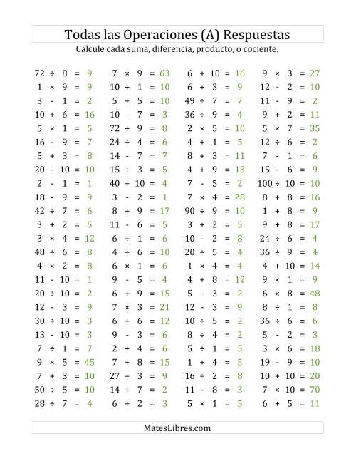 La hoja de ejercicios de 100 Preguntas Horizontales de Suma, Resta, Multiplicación y División (de 1 a 10) (A) Página 2