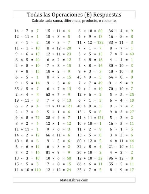 La hoja de ejercicios de 100 Preguntas Horizontales de Suma, Resta, Multiplicación y División (de 1 a 12) (E) Página 2
