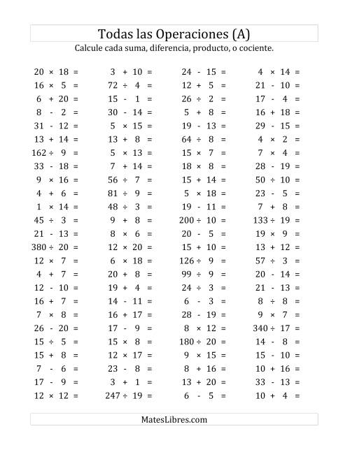La hoja de ejercicios de 100 Preguntas Horizontales de Suma, Resta, Multiplicación y División (de 1 a 20) (A)
