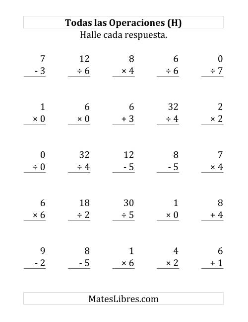 La hoja de ejercicios de 25 Ejercicios de Suma, Resta, Multiplicación y División (de 0 a 9) (H)