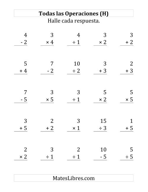 La hoja de ejercicios de 25 Ejercicios de Suma, Resta, Multiplicación y División (de 1 a 5) (H)