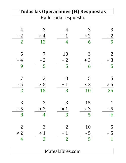 La hoja de ejercicios de 25 Ejercicios de Suma, Resta, Multiplicación y División (de 1 a 5) (H) Página 2