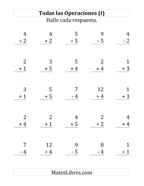 La hoja de ejercicios de 25 Ejercicios de Suma, Resta, Multiplicación y División (de 1 a 5) (I)