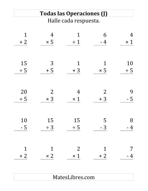 La hoja de ejercicios de 25 Ejercicios de Suma, Resta, Multiplicación y División (de 1 a 5) (J)