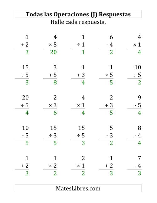 La hoja de ejercicios de 25 Ejercicios de Suma, Resta, Multiplicación y División (de 1 a 5) (J) Página 2