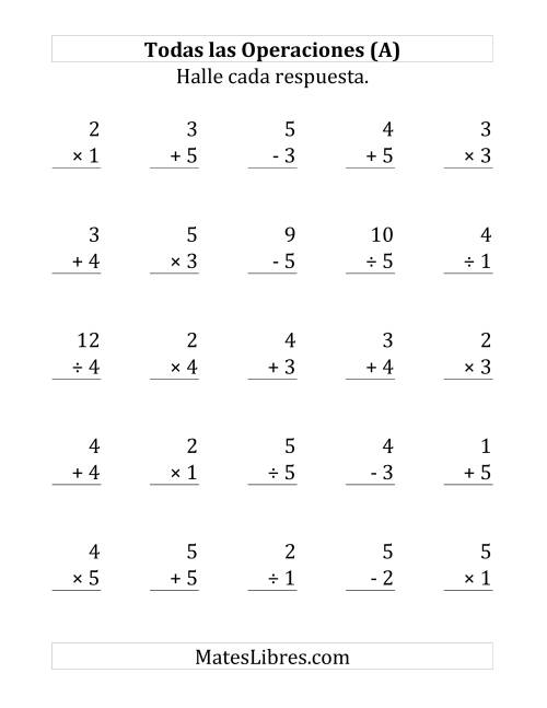 La hoja de ejercicios de 25 Ejercicios de Suma, Resta, Multiplicación y División (de 1 a 5) (Todas)