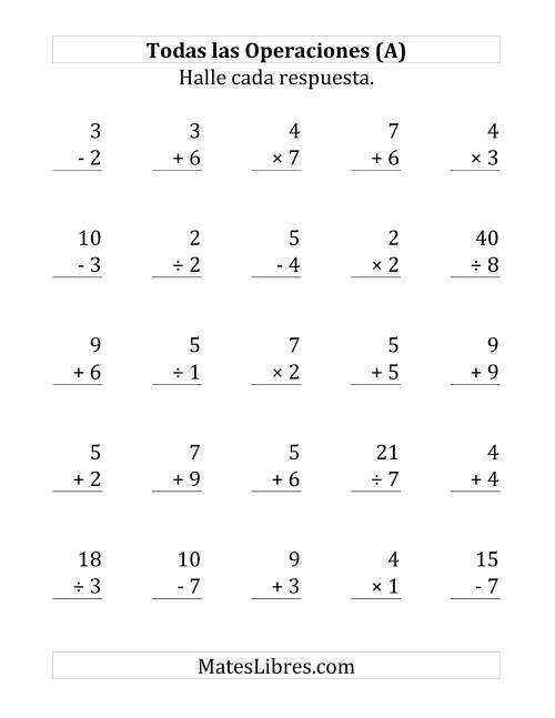 La hoja de ejercicios de 25 Ejercicios de Suma, Resta, Multiplicación y División (de 1 a 9) (A)