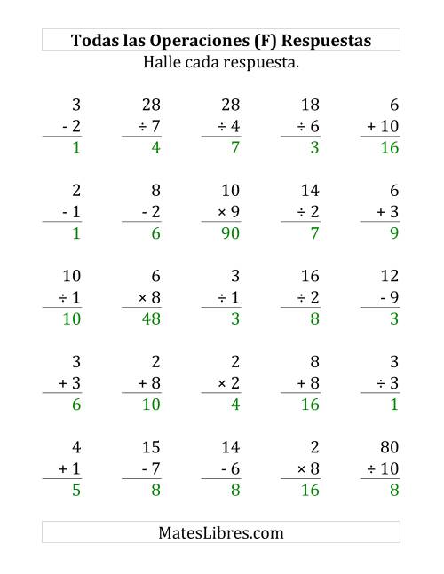 La hoja de ejercicios de 25 Ejercicios de Suma, Resta, Multiplicación y División (de 1 a 10) (F) Página 2