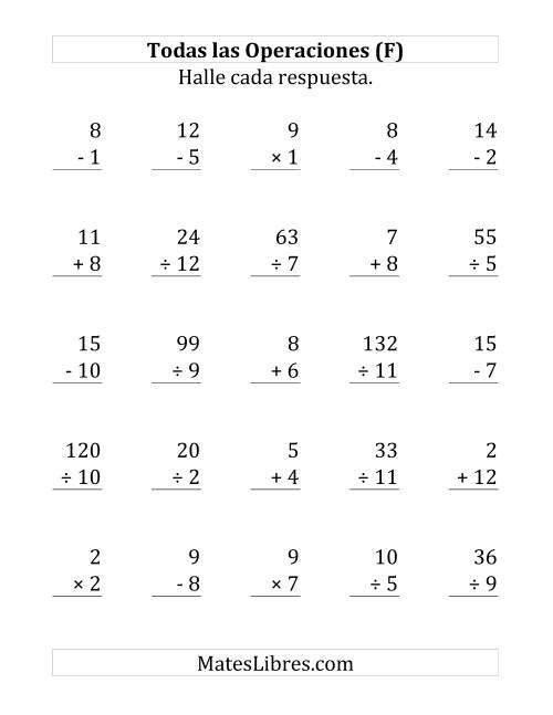 La hoja de ejercicios de 25 Ejercicios de Suma, Resta, Multiplicación y División (de 1 a 12) (F)