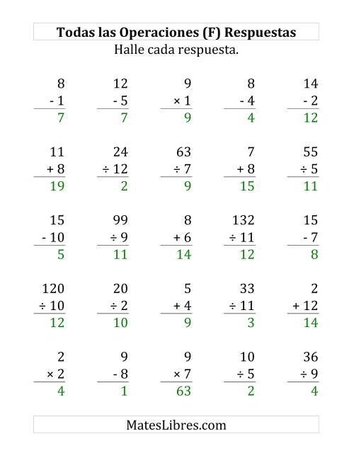 La hoja de ejercicios de 25 Ejercicios de Suma, Resta, Multiplicación y División (de 1 a 12) (F) Página 2