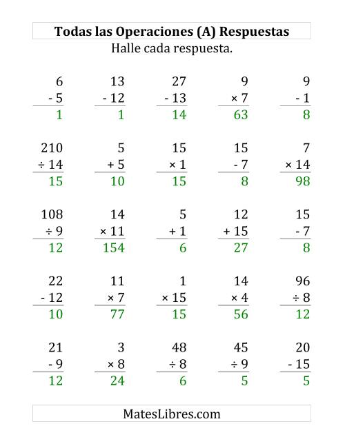 La hoja de ejercicios de 25 Ejercicios de Suma, Resta, Multiplicación y División (de 1 a 15) (A) Página 2
