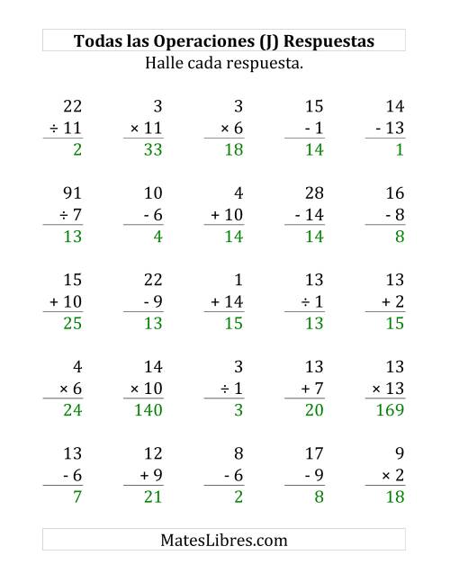 La hoja de ejercicios de 25 Ejercicios de Suma, Resta, Multiplicación y División (de 1 a 15) (J) Página 2