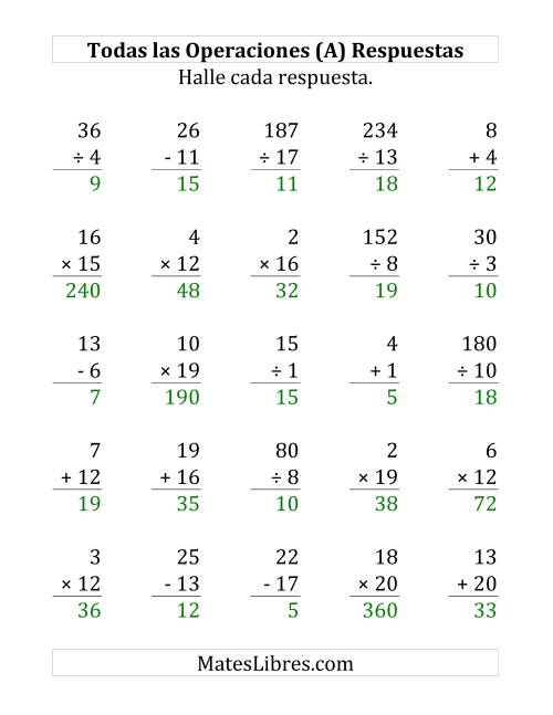 La hoja de ejercicios de 25 Ejercicios de Suma, Resta, Multiplicación y División (de 1 a 20) (A) Página 2